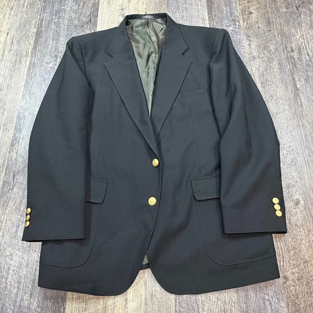 David Taylor Blazer Men 44R Black Gold Crest Button Two Button Sport Coat Jacket